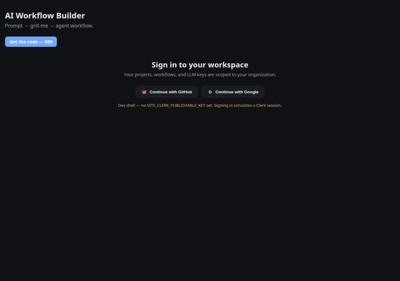 AI Workflow Builder studio — prompt input, Grill-Me spec panel, and workflow DAG designer